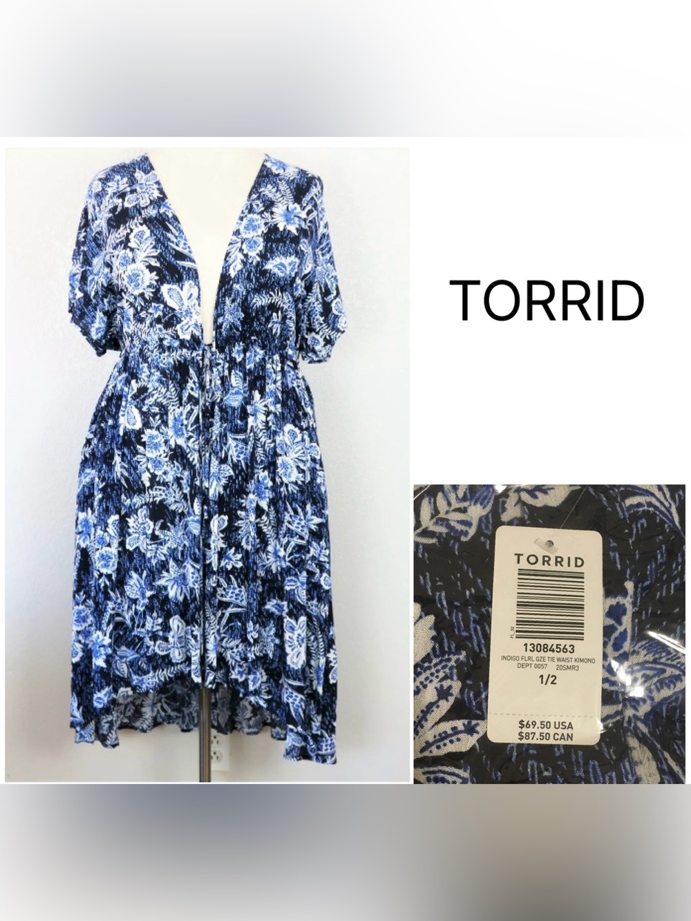 TORRID - 1/2X - NWT - FLORAL BLUE WHITE MAXI HI-LO KIMONO CARDIGAN / KAFTAN